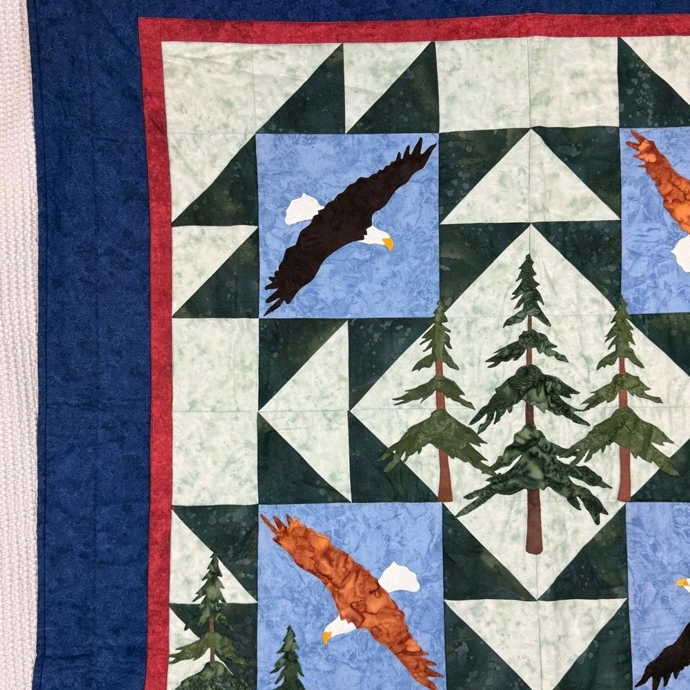 Handmade Wall Quilt Fiber Art, Eagles, Pine Forest Cabincore Lodge, Nature Lover